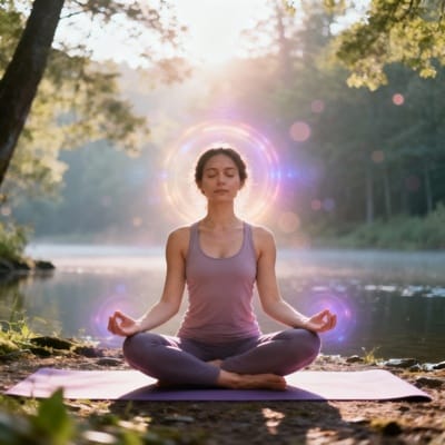 A woman meditating peacefully in nature during sunrise