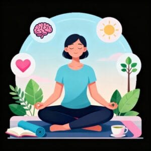 Calm person meditating with symbols of mental health and stress relief