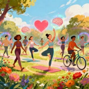 People exercising for mental health, group yoga, walking, dancing, cycling, outdoor fitness, and positive energy.