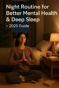 Woman meditating at night for mental wellness and better sleep.