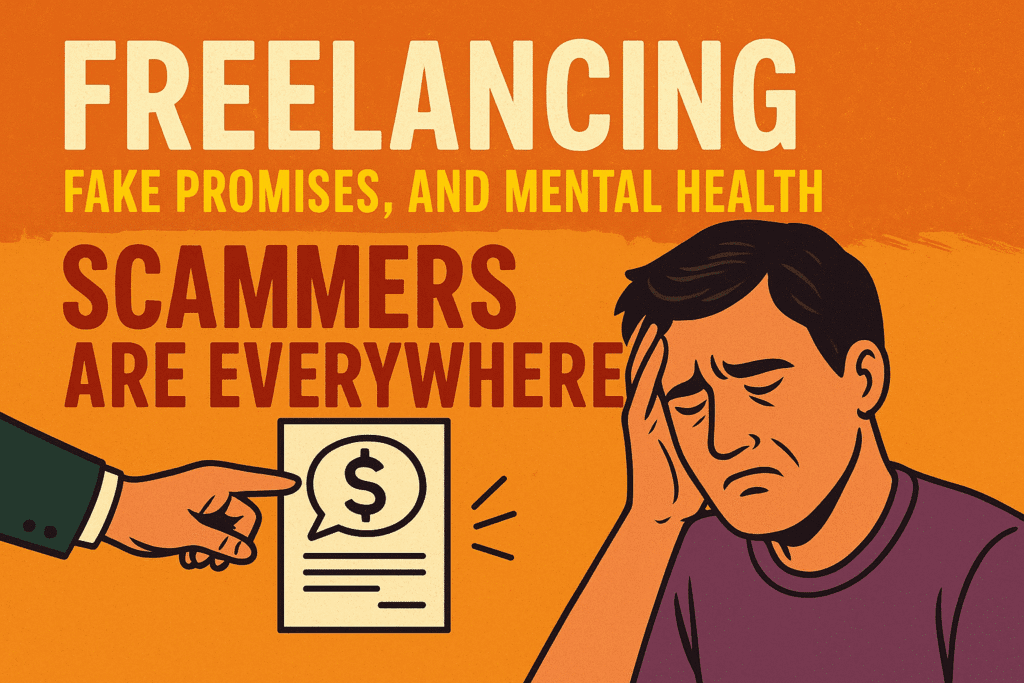 A frustrated freelancer holding his head while a scammer hands him a fake contract, with bold text saying 'Scammers Are Everywhere'.
