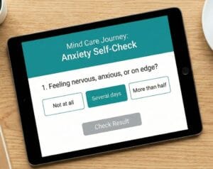 Illustration of a mobile interface displaying the 'Anxiety Self-Check' tool with large, clickable buttons and a 'Check Result' option in a calming teal color theme.