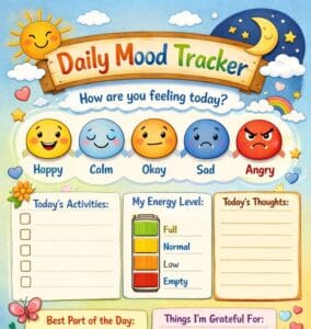 Daily mood tracker illustration showing happy, calm, okay, sad and angry emotion icons with sections for daily activities, energy level, thoughts, gratitude and best part of the day.