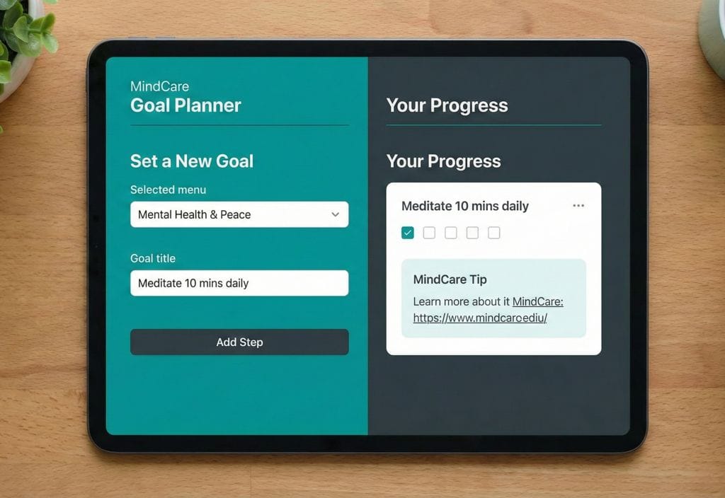 Overhead view of a tablet displaying the MindCare Goal Planner app interface for setting mental health goals and tracking progress.