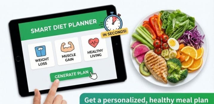 A digital screen displaying a personalized healthy meal plan, surrounded by fresh fruits, vegetables, and fitness icons.