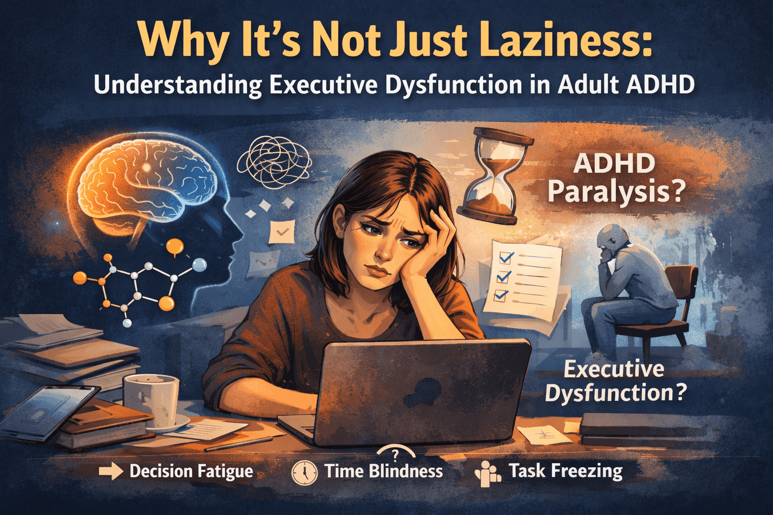 Illustration showing adult ADHD executive dysfunction, ADHD paralysis, time blindness, and decision fatigue in an overwhelmed adult working at a desk