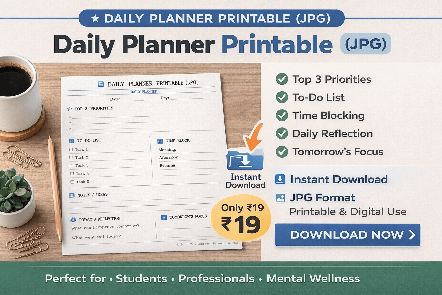Mind Care Daily Planner – Stress Free Daily Planning Tool (Printable PDF)