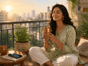 Young Indian woman practicing morning stress relief routine with copper glass and tulsi plant on balcony