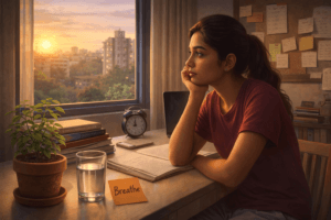 Indian student feeling exam pressure but finding hope with stress relief tips