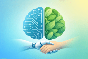 Brain half circuit, half leaves. Robot hand holding human hand. AI and mental health balance.