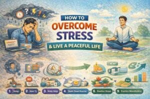 how to overcome stress and live a peaceful life illustration showing stress relief steps mindfulness calm mind and mental peace