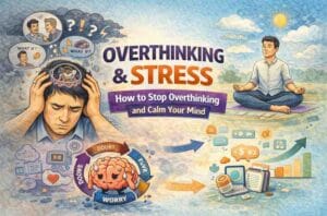 overthinking and stress illustration showing mental loop anxiety worry doubt and techniques to calm the mind