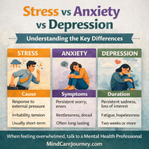 stress vs anxiety vs depression infographic showing key differences symptoms causes and duration comparison