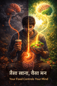 Junk food vs healthy food impact on mental health illustration showing gut brain connection and emotional difference in human mind