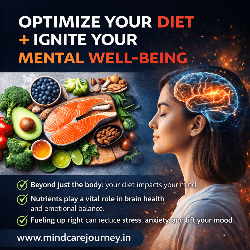 A healthy diet infographic showing nutritious foods like salmon, avocado, nuts, and vegetables alongside a woman with a glowing brain illustration, highlighting the connection between nutrition and mental well-being.