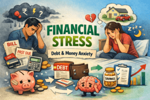 financial stress illustration showing debt, money anxiety, bills, savings planning and mental stress concept