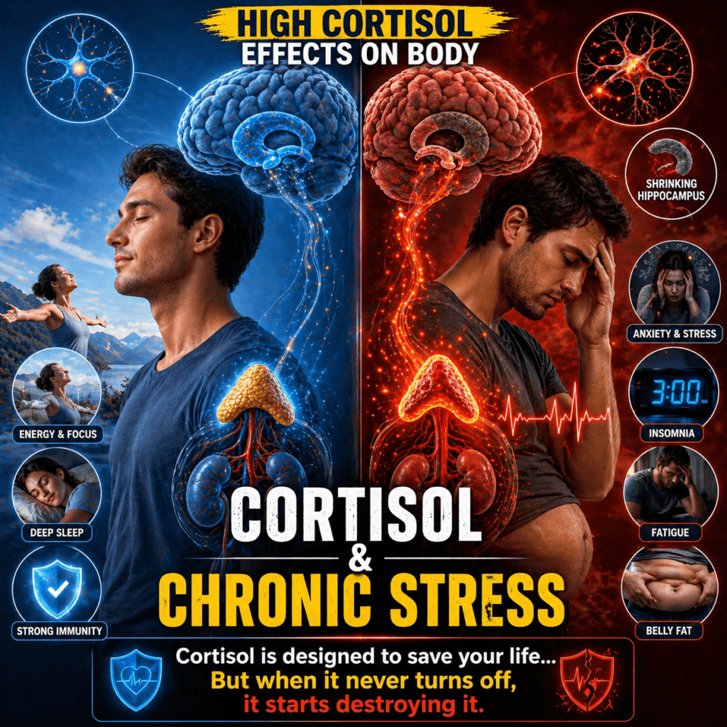 High cortisol symptoms and effects on body showing stress impact on brain adrenal glands insomnia anxiety and belly fat