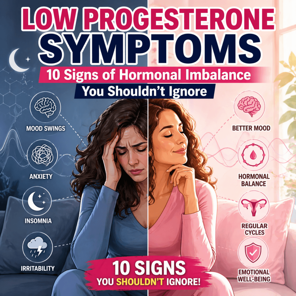 Low progesterone symptoms in women including mood swings, anxiety, insomnia, and hormonal imbalance