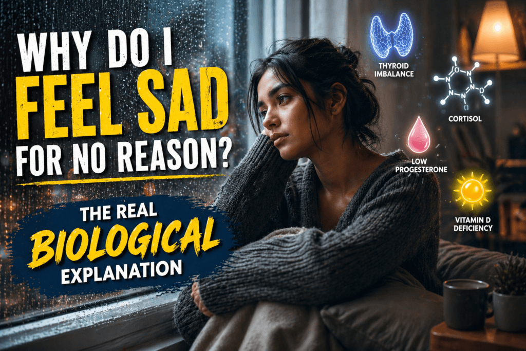 why do I feel sad for no reason woman sitting near window hormonal depression thyroid cortisol progesterone vitamin d