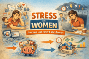 stress in women illustration showing emotional load, family responsibilities, work pressure and mental health stress