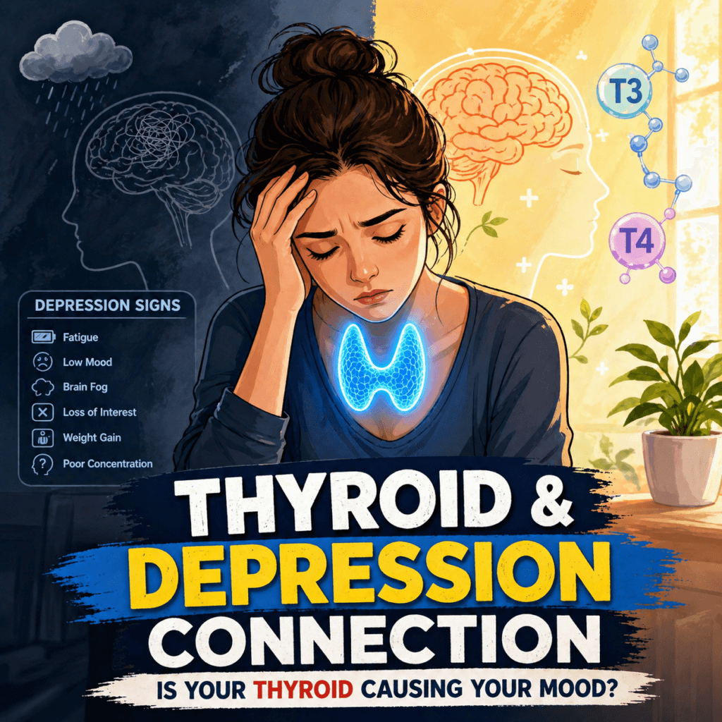 Thyroid & depression connection showing woman with glowing thyroid gland and mood imbalance illustration