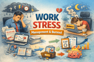 work stress management illustration showing office pressure, burnout, deadlines and mental stress in workplace